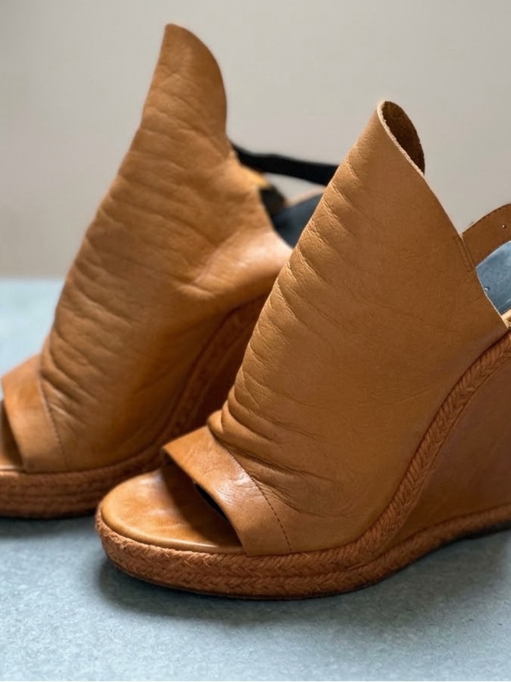 Balenciaga Tan Leather Espadrille Slingback Wedge Sandals - Size 35